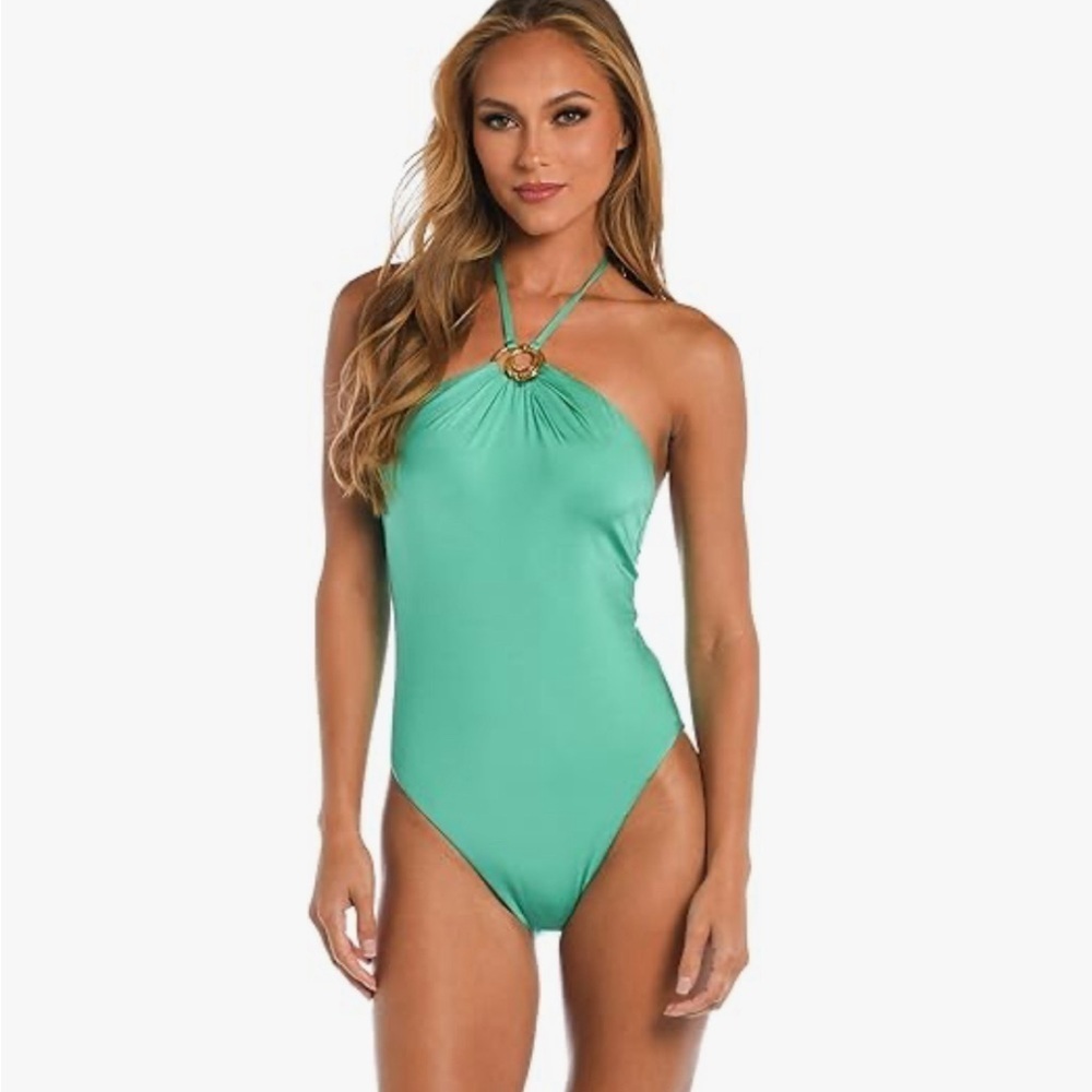 SUNSHINE 79 Sunshine Solids High Neck One Piece Gold Hardware Seagreen Size 10